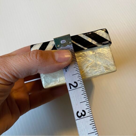 Capiz Shell mother of pearl Trinket Box Jewelry White black Lid Coastal 3x3x2.5 - Picture 7 of 9